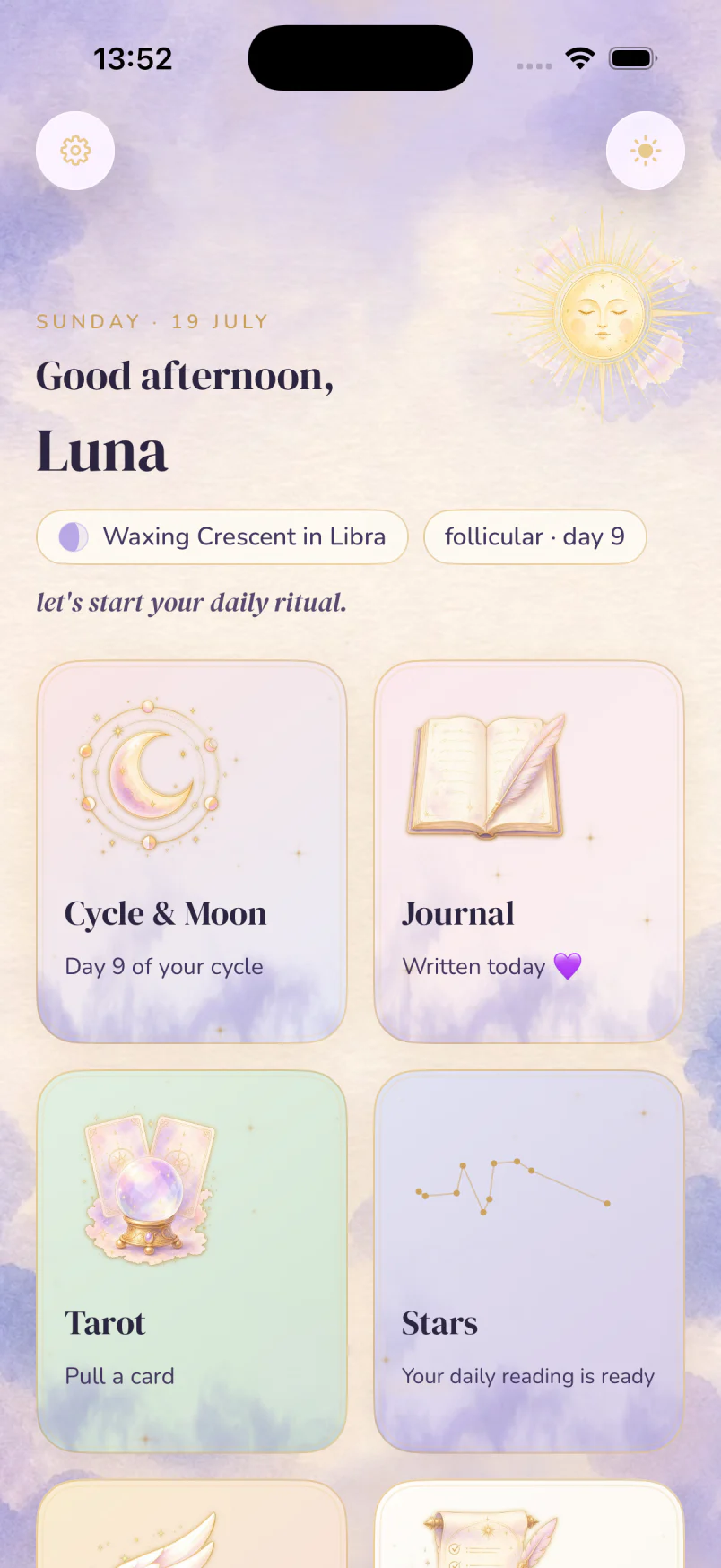 GirlCult premium home screen showing personalized moon and cycle details with six daily ritual tiles