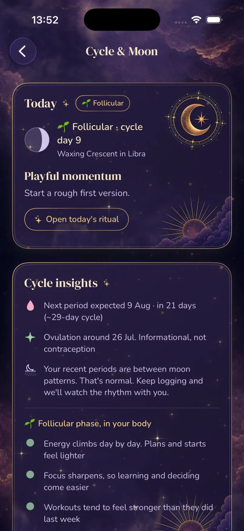 GirlCult premium Cycle and Moon screen showing personalized cycle predictions and body insights in the night theme