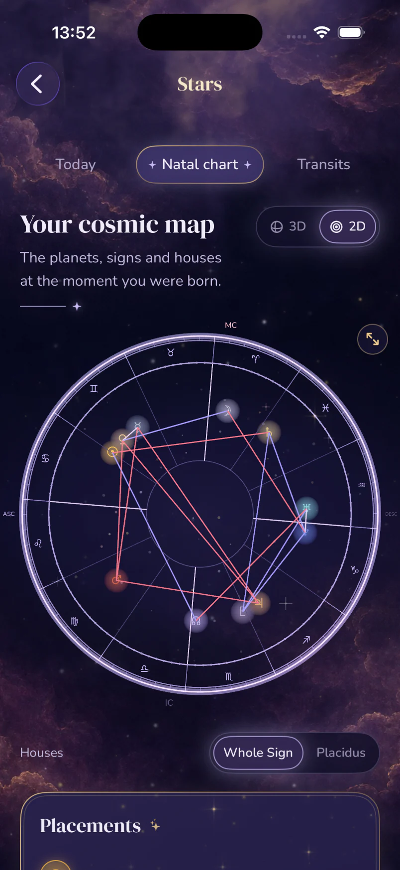 GirlCult premium Stars screen showing a two-dimensional natal chart calculated from a Los Angeles birth profile
