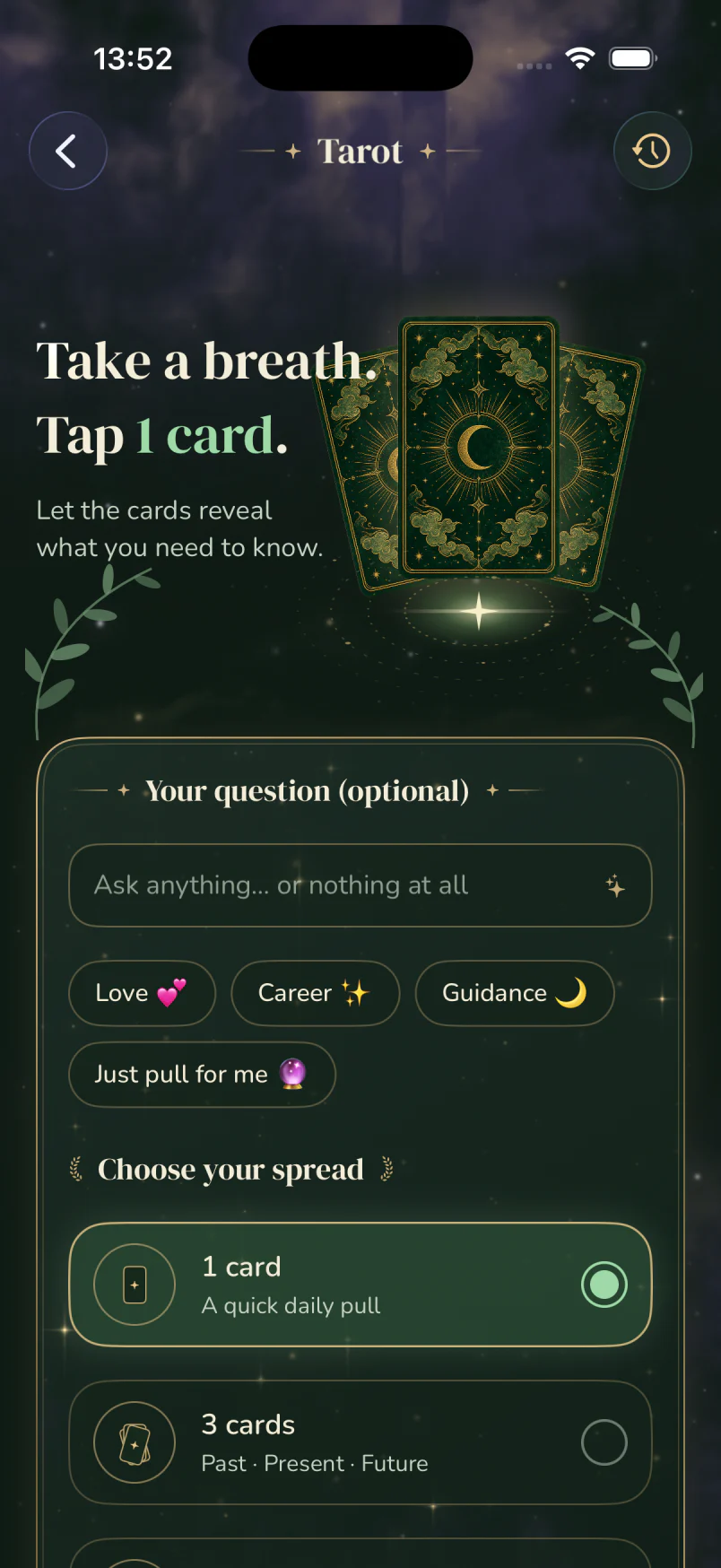 GirlCult premium Tarot screen with a question prompt and unlocked card-spread choices in the night theme