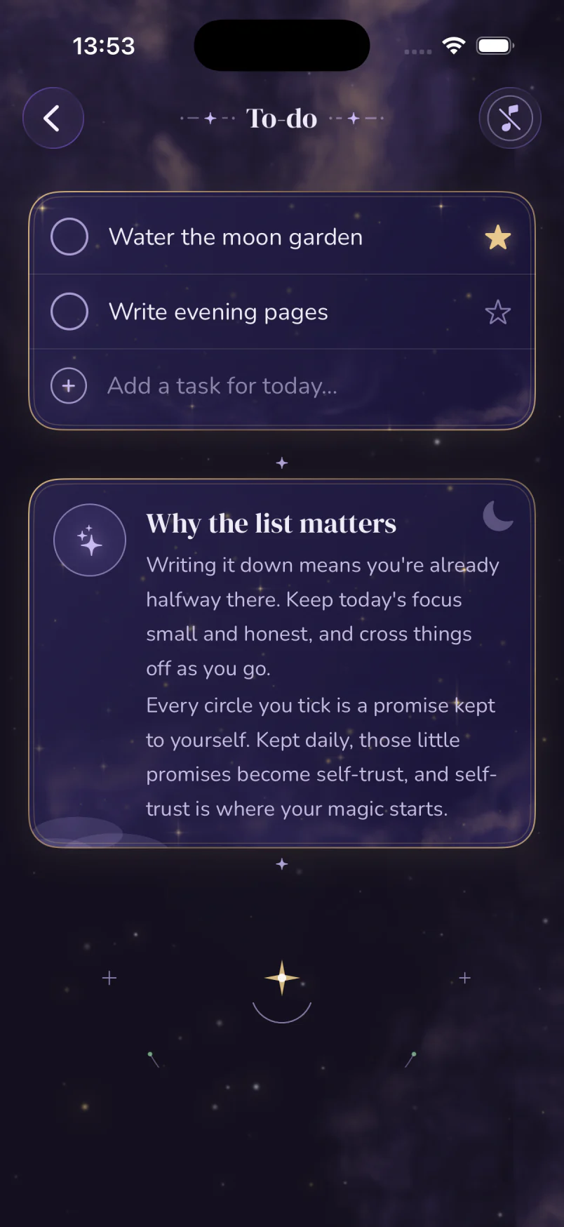 GirlCult To-do screen with two daily tasks in the night theme
