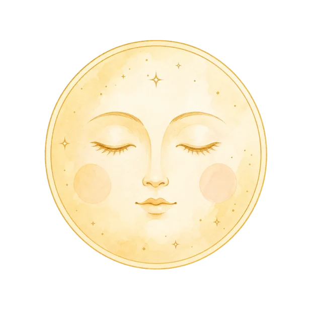 A softly illustrated golden sun with a peaceful face